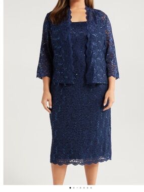 SLNY Navy Lace Dress & Jacket Set